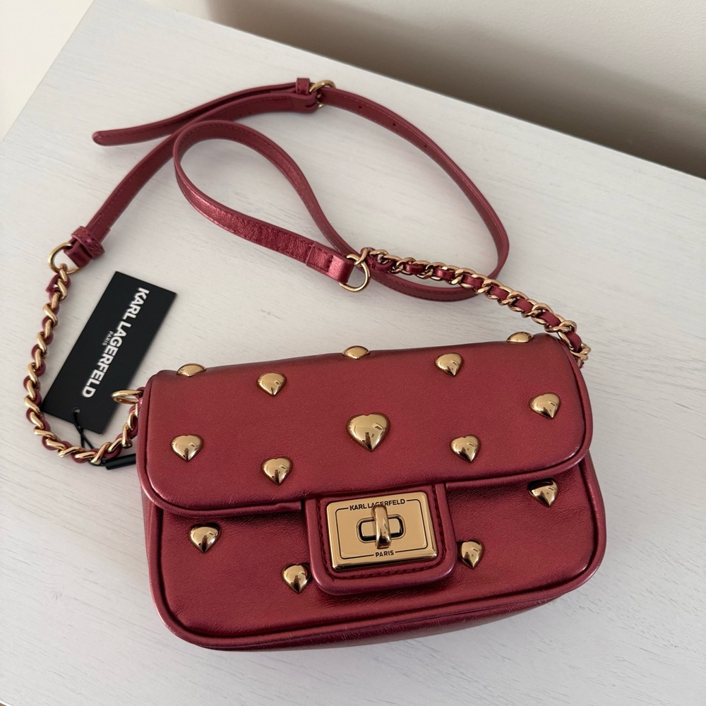 Karl Lagerfeld Metallic Burgundy Heart Flap Bag - Picture 4 of 10